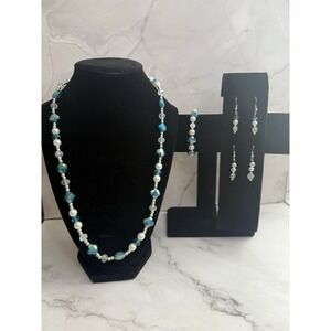 Blue, silver & pearl beaded jewelry set handmade necklace, bracelet and earrings